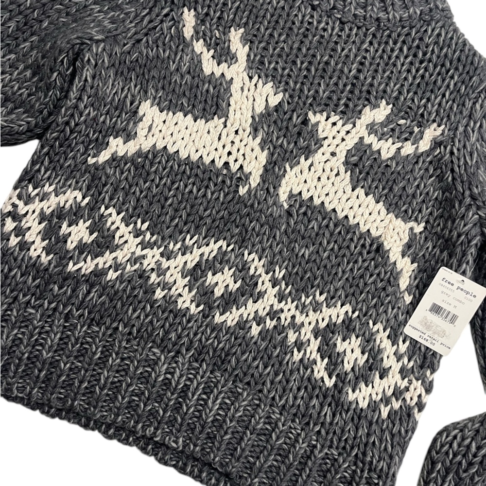 NWT Free People Reindeer Holiday Sweater Grey Combo Size M. - Picture 4 of 10